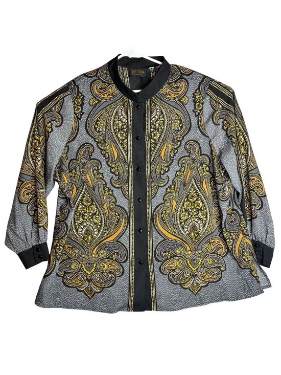 Bob Mackie Tops - Bob Mackie Wearable Art Paisley Button-Up Shirt 2X Gray & Yellow Long Sleeve PET